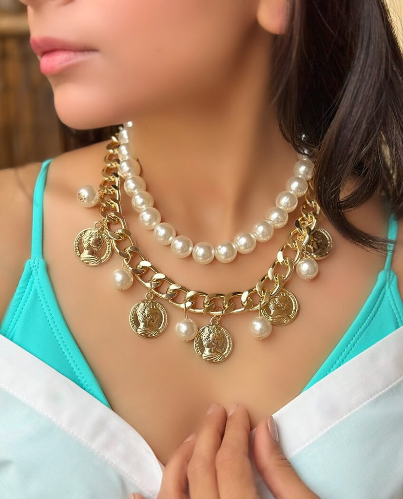 Layered Pearl & Coin Charms Neckhugger