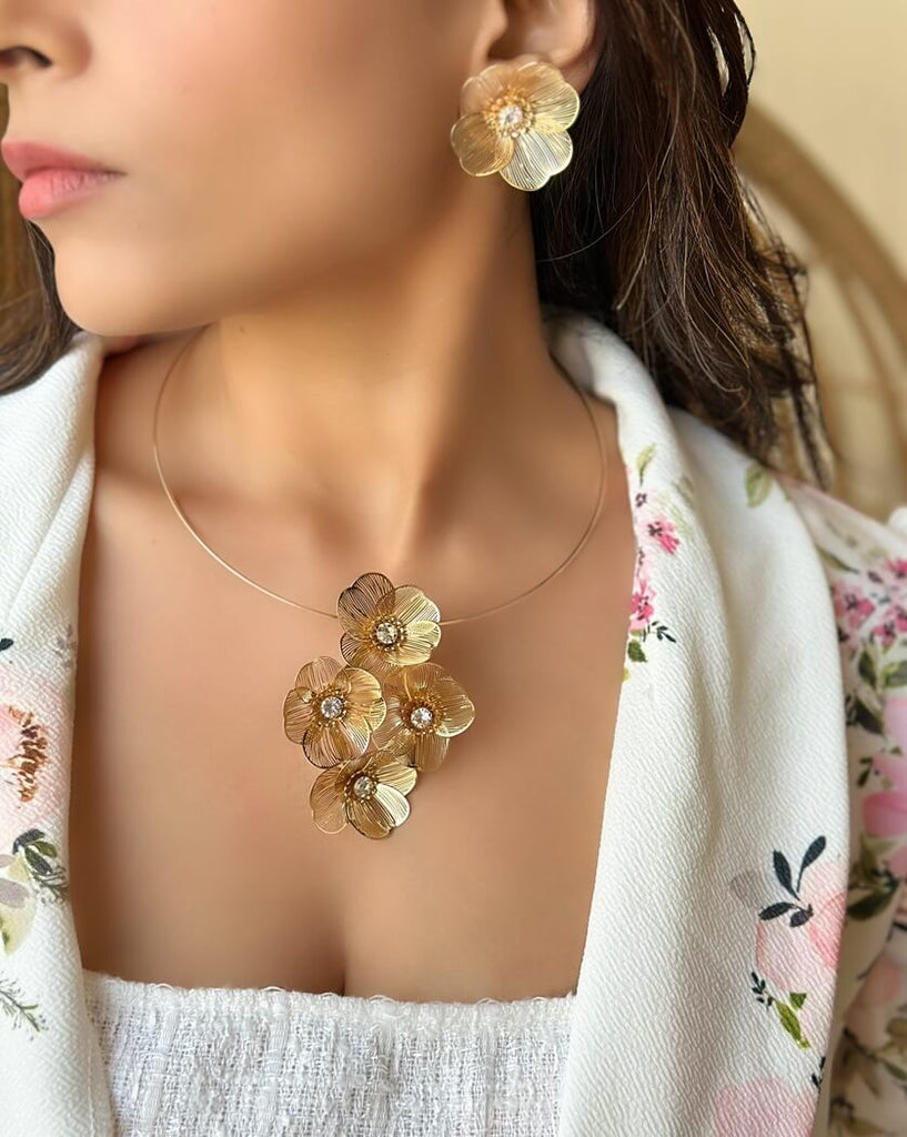 Golden Bloom Cascade Necklace Set