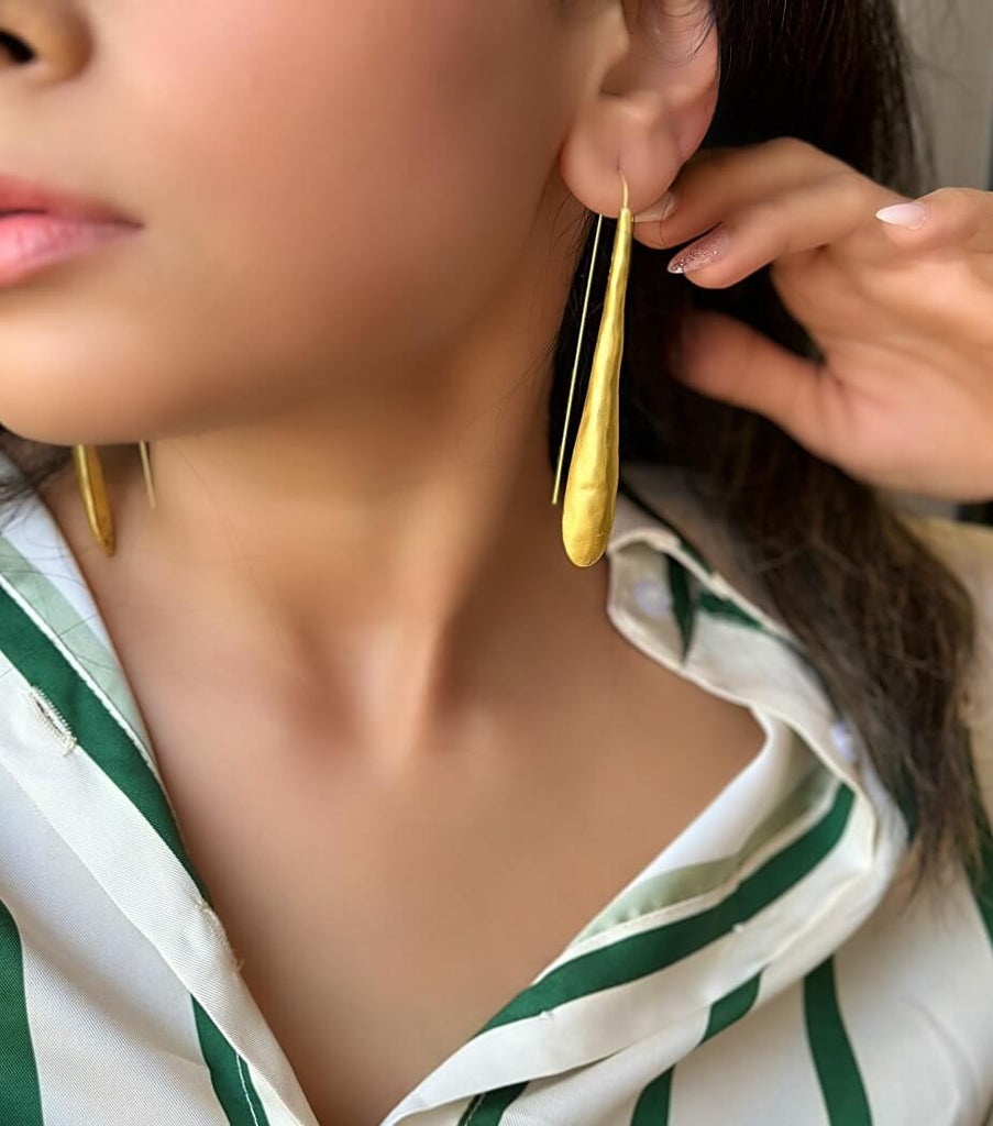 Gold Long Teardrop Hook Hammered Earrings